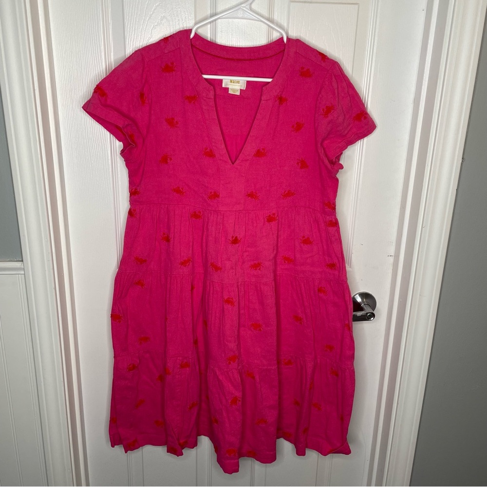 Maeve Crab Embroidered Novelty Print Tiered Mini Dress Fun Quirky Nautical M - Picture 2 of 10